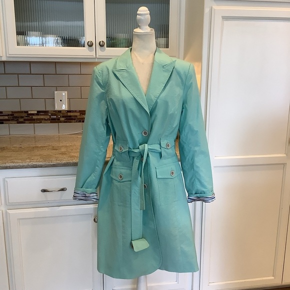 Debbie Shuchat Jackets & Blazers - DEBBIE SHUCHAT Belted Trench Coat Size XL Turquoise Blue